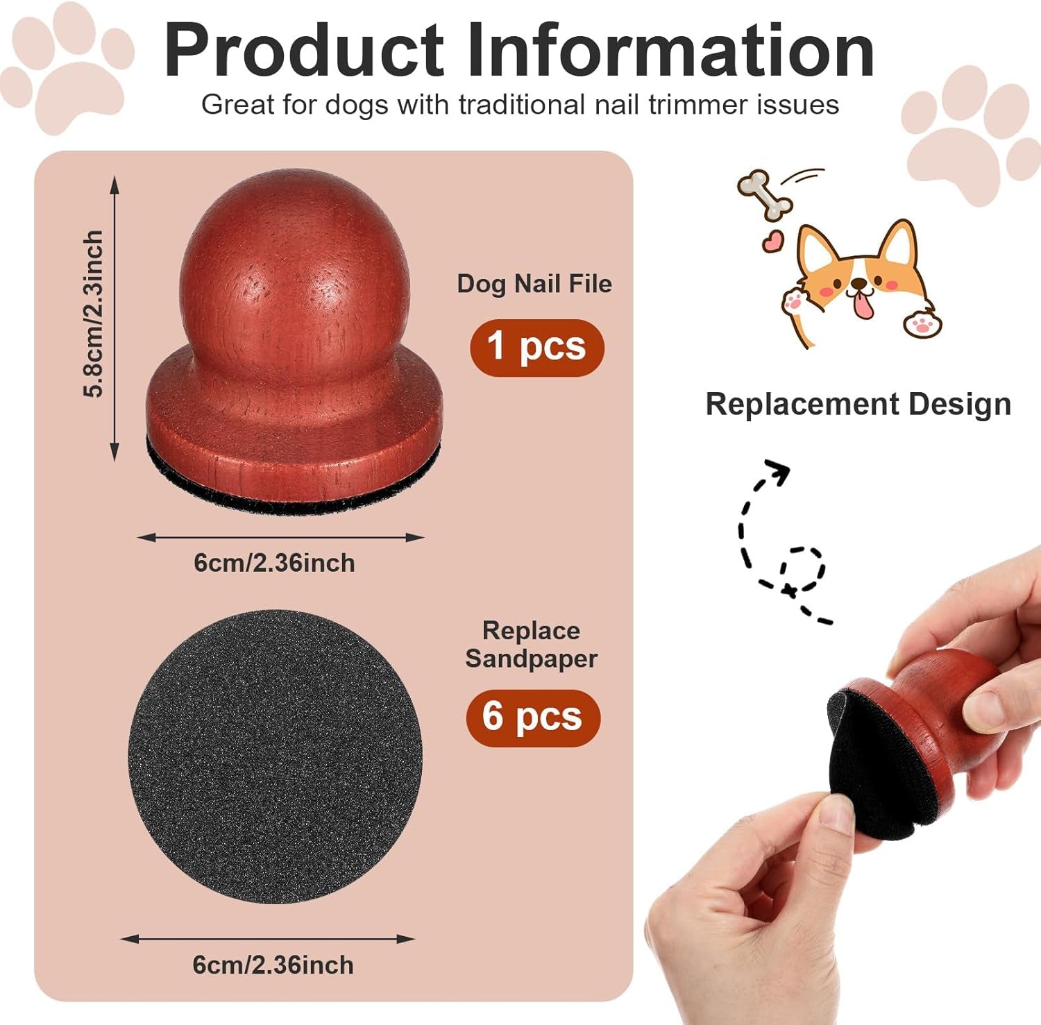 Dog Nail File with 6Pcs Replaceable Filing Disc, Dog Scratch Board for Safe and Easy Nail Care, Dogs Nails Scratch Board Ensures Smooth and Healthy Nails for Dogs and Cats